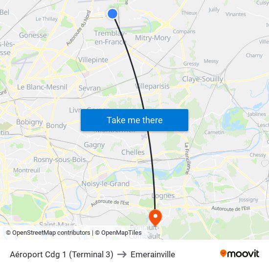 Aéroport Cdg 1 (Terminal 3) to Emerainville map