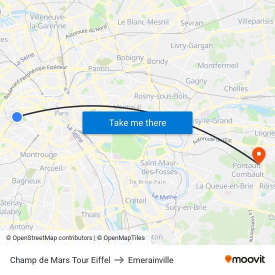 Champ de Mars Tour Eiffel to Emerainville map
