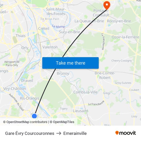 Gare Évry Courcouronnes to Emerainville map