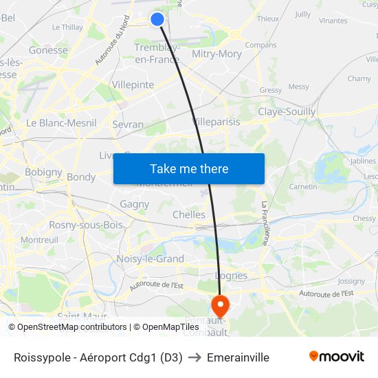 Roissypole - Aéroport Cdg1 (D3) to Emerainville map