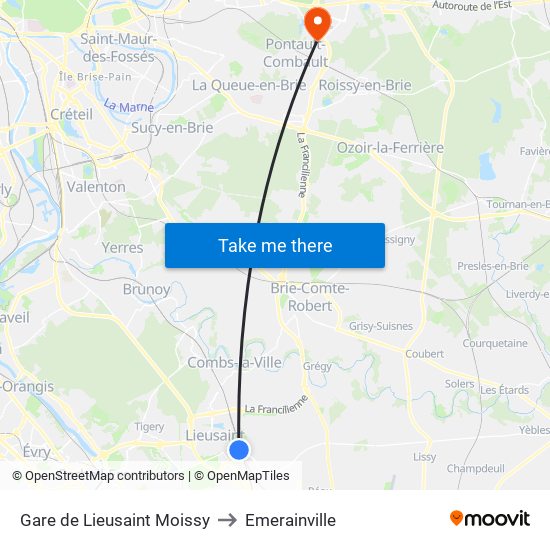 Gare de Lieusaint Moissy to Emerainville map