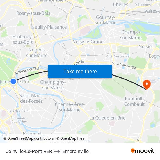 Joinville-Le-Pont RER to Emerainville map