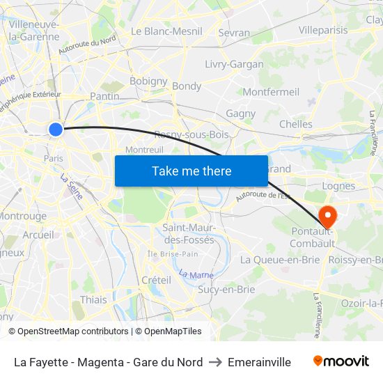 La Fayette - Magenta - Gare du Nord to Emerainville map
