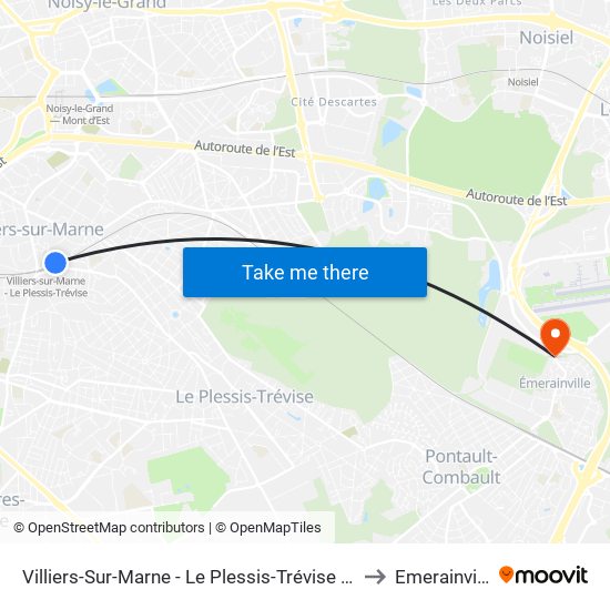 Villiers-Sur-Marne - Le Plessis-Trévise RER to Emerainville map