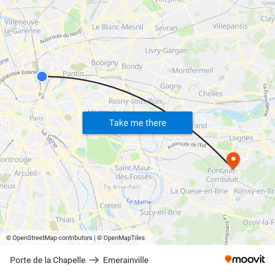 Porte de la Chapelle to Emerainville map