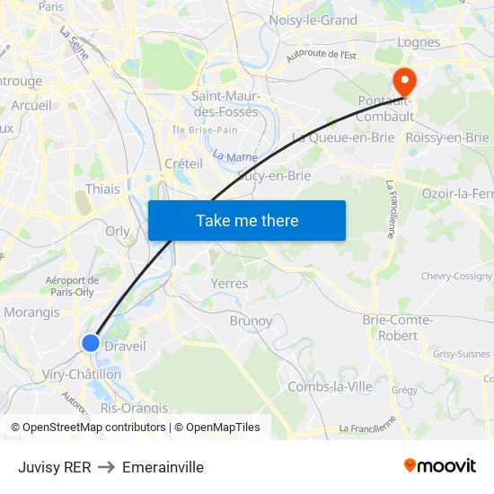 Juvisy RER to Emerainville map