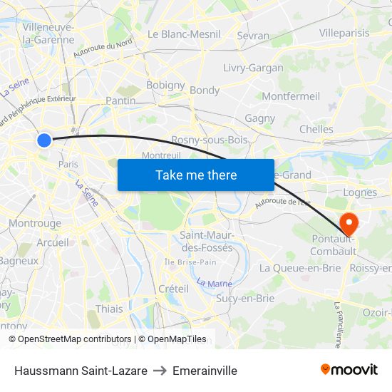 Haussmann Saint-Lazare to Emerainville map