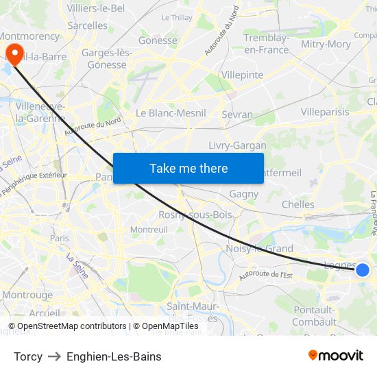 Torcy to Enghien-Les-Bains map