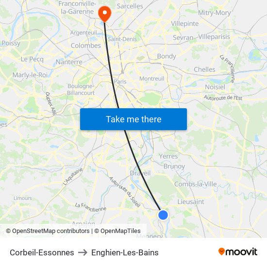 Corbeil-Essonnes to Enghien-Les-Bains map
