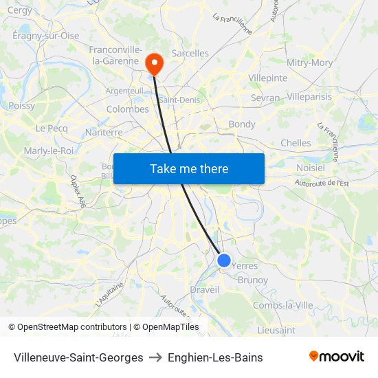 Villeneuve-Saint-Georges to Enghien-Les-Bains map