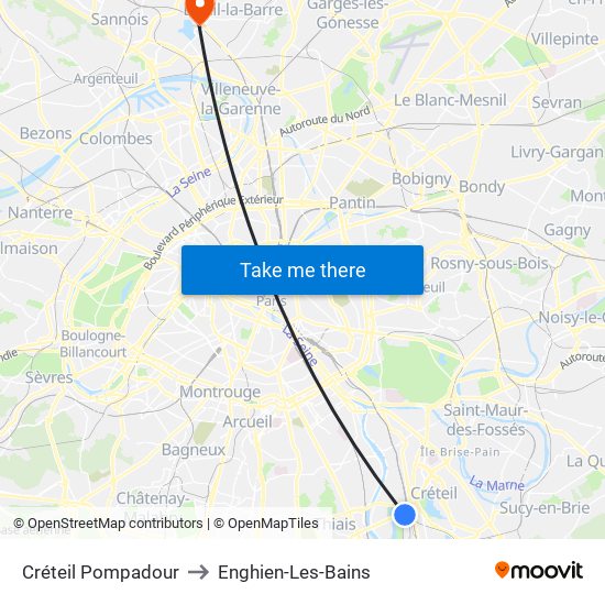 Créteil Pompadour to Enghien-Les-Bains map