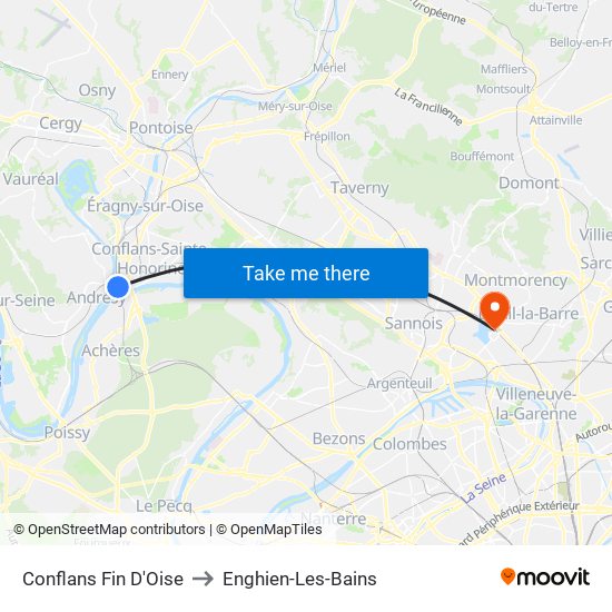 Conflans Fin D'Oise to Enghien-Les-Bains map