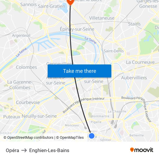 Opéra to Enghien-Les-Bains map