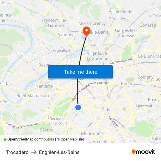 Trocadéro to Enghien-Les-Bains map