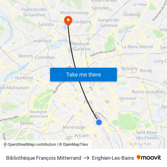 Bibliothèque François Mitterrand to Enghien-Les-Bains map