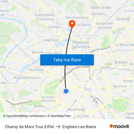 Champ de Mars Tour Eiffel to Enghien-Les-Bains map