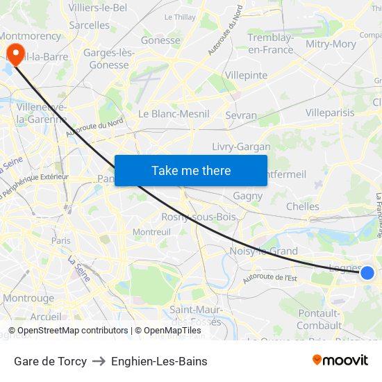 Gare de Torcy to Enghien-Les-Bains map