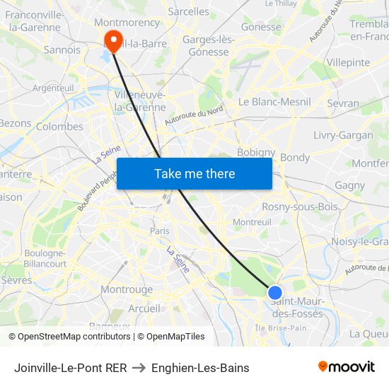 Joinville-Le-Pont RER to Enghien-Les-Bains map