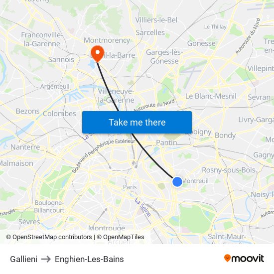 Gallieni to Enghien-Les-Bains map