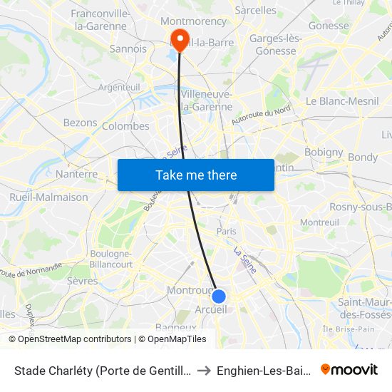 Stade Charléty (Porte de Gentilly) to Enghien-Les-Bains map