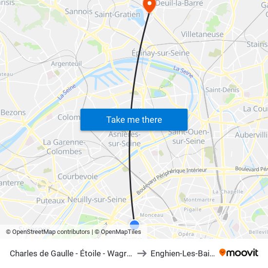 Charles de Gaulle - Étoile - Wagram to Enghien-Les-Bains map