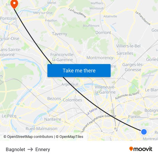 Bagnolet to Ennery map