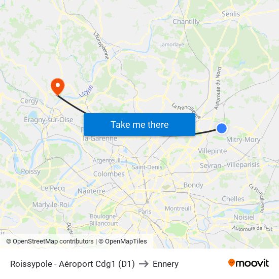 Roissypole - Aéroport Cdg1 (D1) to Ennery map