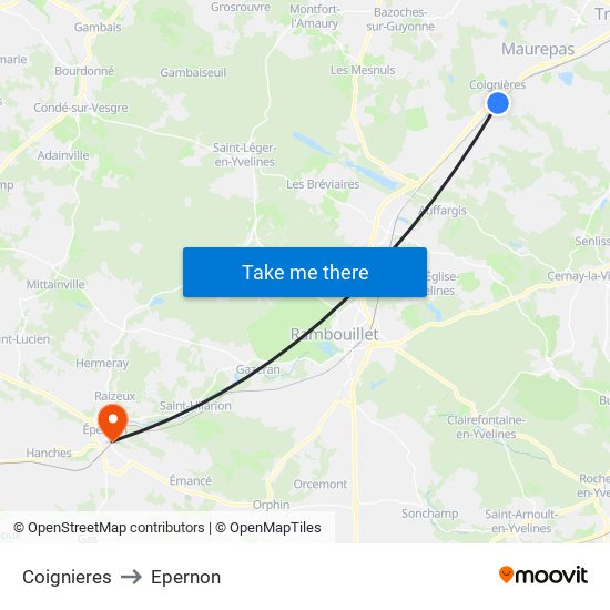 Coignieres to Epernon map
