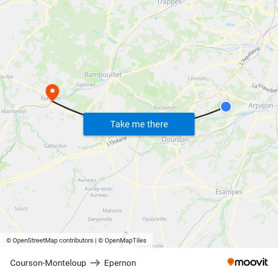 Courson-Monteloup to Epernon map