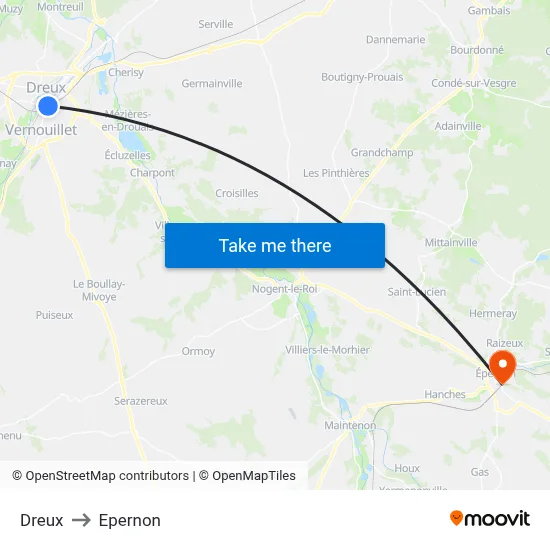 Dreux to Epernon map
