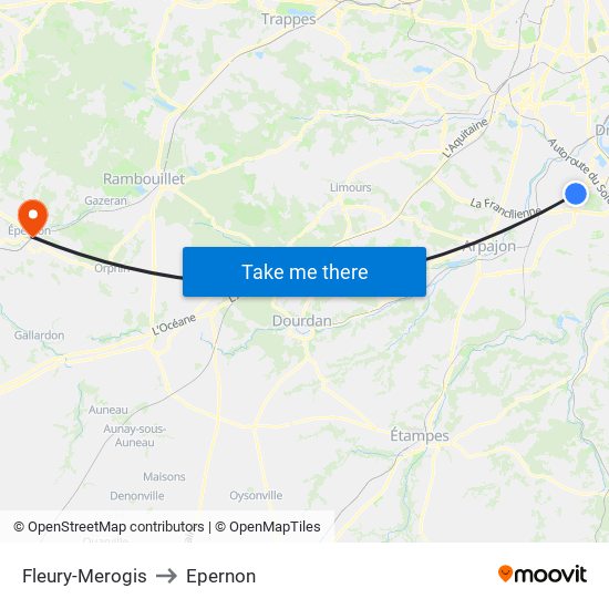 Fleury-Merogis to Epernon map
