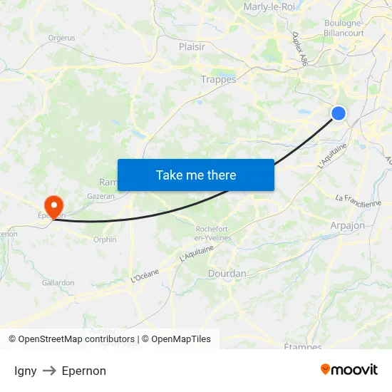Igny to Epernon map
