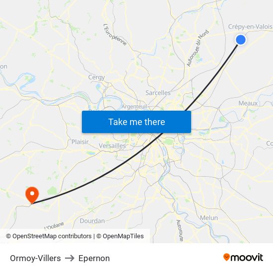 Ormoy-Villers to Epernon map