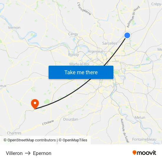 Villeron to Epernon map