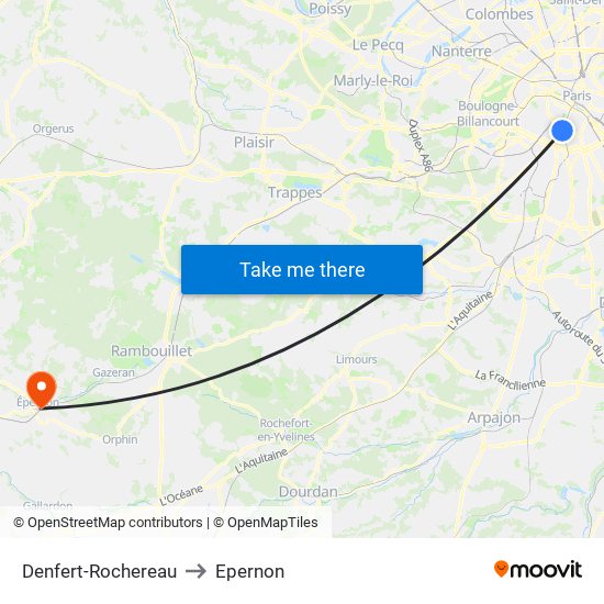 Denfert-Rochereau to Epernon map