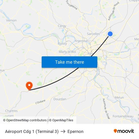 Aéroport Cdg 1 (Terminal 3) to Epernon map