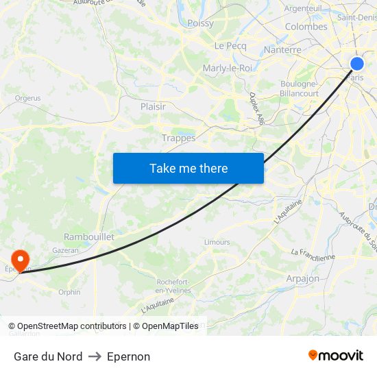 Gare du Nord to Epernon map