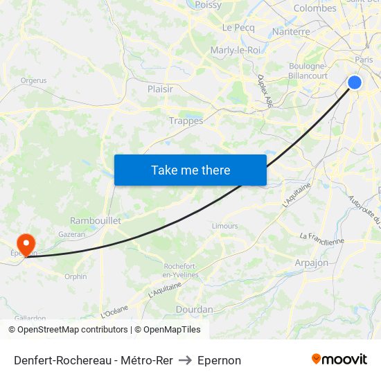 Denfert-Rochereau - Métro-Rer to Epernon map