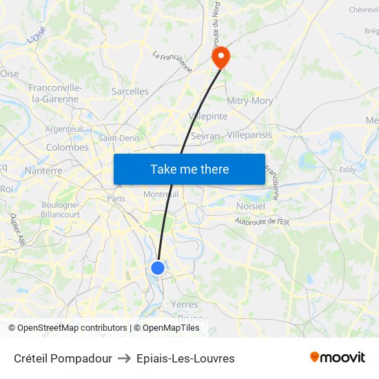 Créteil Pompadour to Epiais-Les-Louvres map