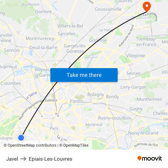 Javel to Epiais-Les-Louvres map