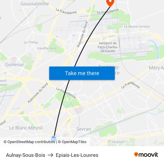 Aulnay-Sous-Bois to Epiais-Les-Louvres map