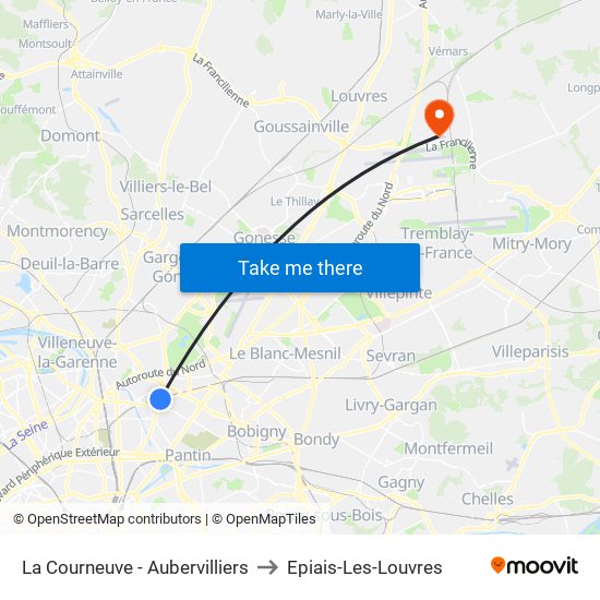La Courneuve - Aubervilliers to Epiais-Les-Louvres map