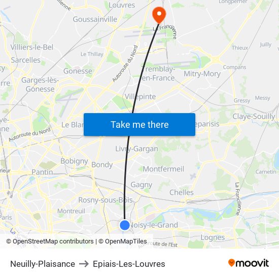 Neuilly-Plaisance to Epiais-Les-Louvres map