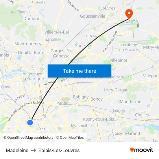 Madeleine to Epiais-Les-Louvres map