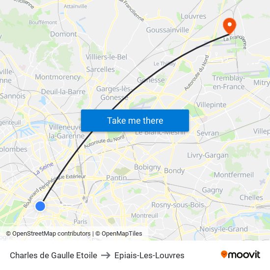 Charles de Gaulle Etoile to Epiais-Les-Louvres map