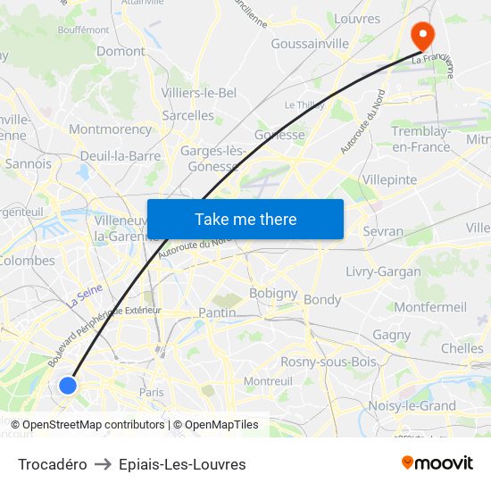 Trocadéro to Epiais-Les-Louvres map