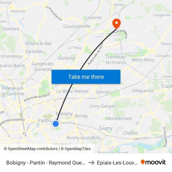 Bobigny - Pantin - Raymond Queneau to Epiais-Les-Louvres map