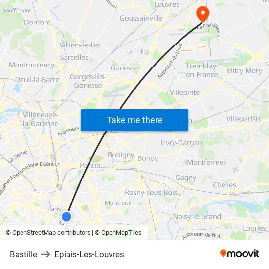 Bastille to Epiais-Les-Louvres map