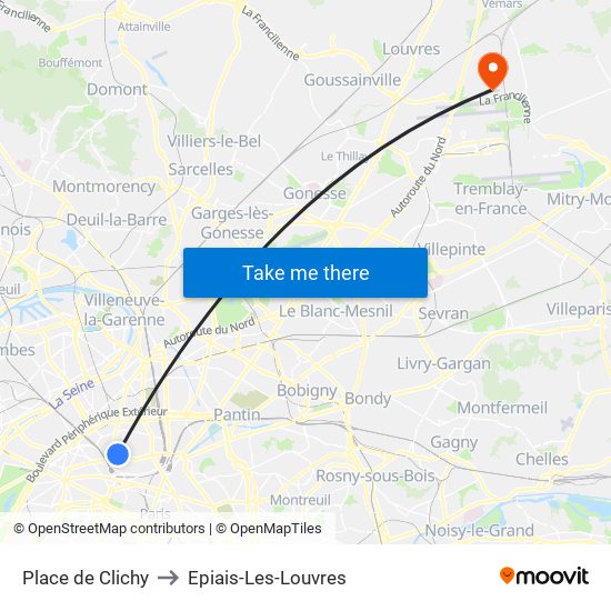 Place de Clichy to Epiais-Les-Louvres map