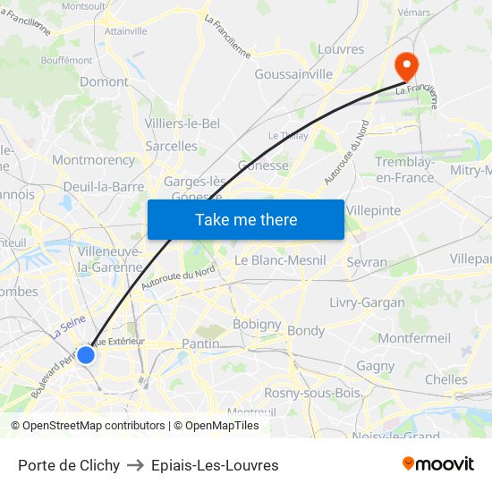 Porte de Clichy to Epiais-Les-Louvres map